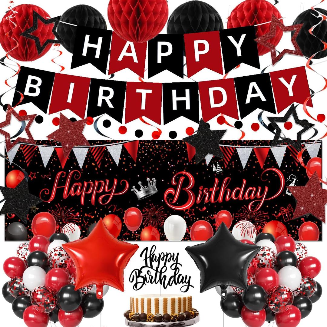 Red Black Birthday Decorations, Happy Birthday Banner, Backdrop, Balloons, Honeycomb Balls, Star Foil Balloons, Stars Hanging Swirls & Cake Topper for Baby Boys Girl Men Women Birthday Decoration