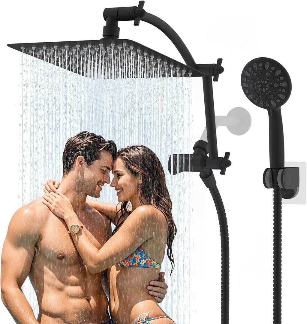 Hibbent All Metal Shower Head,10'' High Pressure Rain Shower Head/Handheld Showerhead Combo, 16'' Adjustable Arc-shaped Shower Extension Arm, 7-Spray, 71'' Hose Adhesive Showerhead Holder, Matte Black
