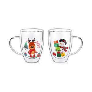 Baderke 2Pieces Christmas Coffee Mugs 12 oz Double Walled Glass Cups Insulated Cute Espresso Clear Christmas Cup Tea Cup for Family and Friend Xmas Gift Table Centerpieces Decor(Classic)