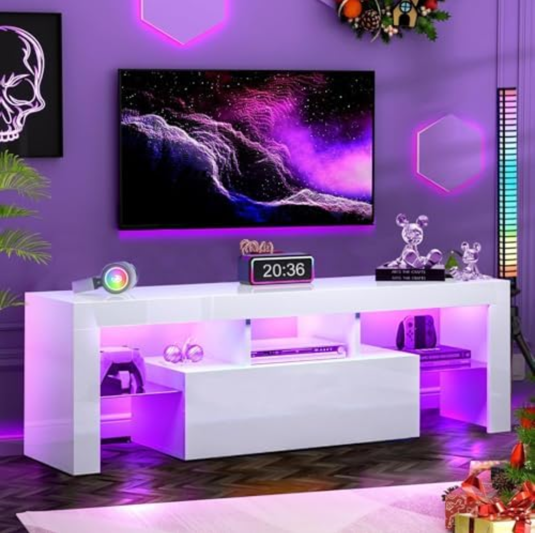 HOUAGI LED TV Stand for 55 Inch TV,Modern with Storage Drawer and Glass Shelf Living Room,Bedroom,Black 51 inch