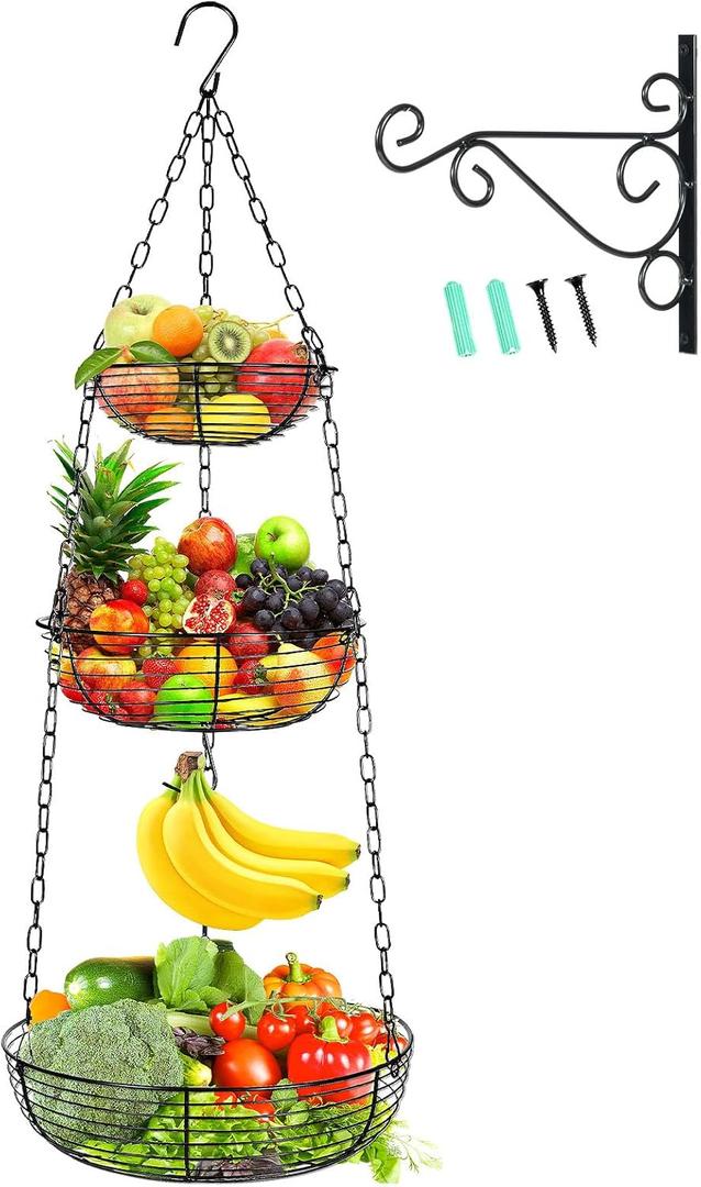 HULISEN 3 Tier Hanging Fruit Basket with Banana Hook, 36-Inch Heavy-Duty Wire Hanging Baskets for Kitchen Storage, Vegetable Produce Organizer (Including Installation Bracket) HULISEN 3 Tier Hanging Fruit Basket with Banana Hook, 36-Inch Heavy-Duty Wire Hanging Baskets for Kitchen Storage, Vegetable Produce Organizer (Including Installation Bracket)