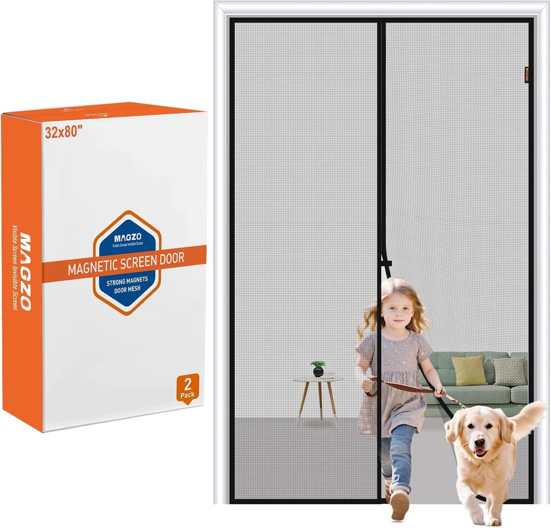 MAGZO Magnetic Screen Door 2 Pack Fit Door Size 32 x 80 Inch, Screen Size 34" x 81" Strong Magnets Mesh, Reinforced Fiberglass Net for Patio and Front Entrances, Gray