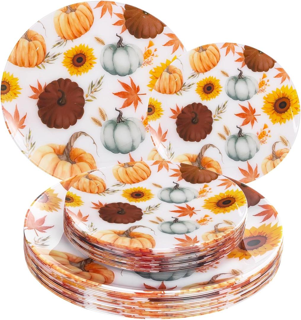WDF 24Pcs Thanksgiving Plastic Plates - Heavy Duty Fall Plastic Plates - Gold Pumpkin and Sunflower Pattern for Thanksgiving Dinner & Parties (10inch, 7inch)