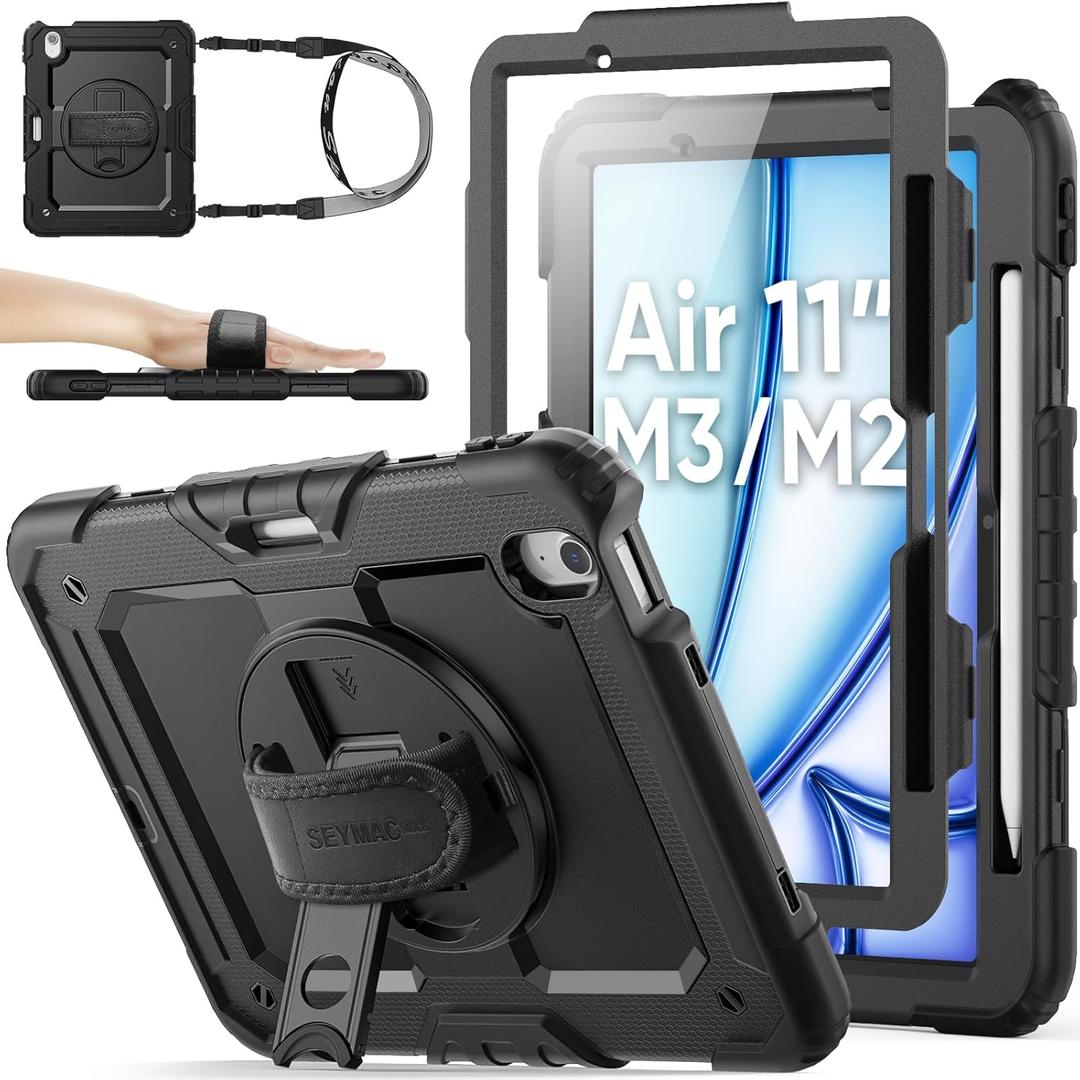 SEYMAC stock for iPad Air 11 inch Protective Case M3 2025/ M2 2024 (Air 7th/6th Generation), Heavy Duty Case with Screen Protector, Pencil Holder, Rotating Stand, Hand Strap, Shoulder Strap, Black