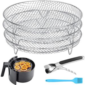 Air Fryer Accessories - Three Stackable Dehydrator Racks for Ninja, Instant Pot Vortex, COSORI, CHEFMAN, Gowise, Ultrean, Gourmia - 304 Stainless Steel Grill Rack Fits 4.2-5.8 QT Air Fryer, Oven, 8x8x1.6 inches
