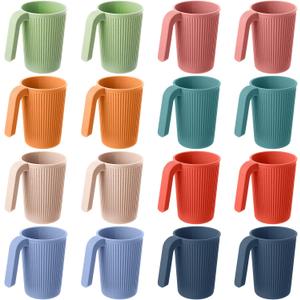 Dandat 16 Pcs Wheat Straw Cup with Handle Colorful Wheat Straw Mug Stackable Plastic Coffee Cups 12oz Unbreakable Reusable Plastic Coffee Mug Dishwasher Safe for Milk Tea,4.3x3 Inch (Light Color)