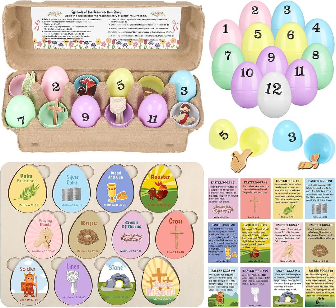 Skylety Resurrection Story Eggs Gift Set Christian Easter Craft Kits with 12 Religious Easter Cards 12 Wooden 2D Egg 12 Resurrection Story Eggs with Meaningful Symbols for Basket Stuffers Holy Week