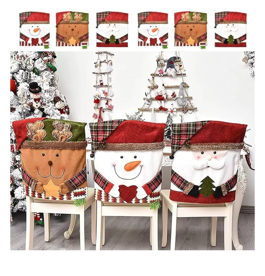 Santa Claus Snowman Christmas Dining Room Chair Back Cover Set of 6, Removable Washable Chair Protector for Home, Restaurant,Christmas Dinner Chairs Cover Decoration