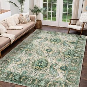 Boho 5x7 Area Rugs Machine Washable Carpet Low Pile Non Shedding Doormat Soft Area Rugs for Living Room Bedroom Kitchen Dining Room Entryway Hallway Indoor-Green/Yellow