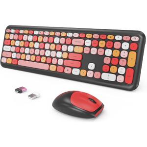 Wireless Keyboard and Mouse Combo, Colorful Ergonomic Full Size Retro Low-Noise Keyboard with Cute keycaps, Compatible with Windows, PC, Perfer for Home and Office Keyboards (Black)