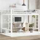 Metal Queen Size Loft Bed,Heavy Duty Loft Bed Frame Queen Size with 2 Ladders and Full Length Guardrails for Kids,Teens,Adults,Noise-Reducing,Space-Saving,White
