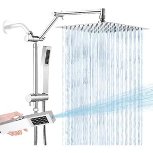 All Metal 10 Inch Rain Shower Head with Handheld Spray Combo, High Pressure Waterfall Rainfall Square Shower Heads with 16" Adjustable Extension Arm, Dual Showerhead with 3-Way Diverter, Chrome