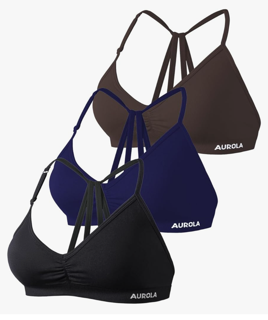 AUROLA Mercury Workout Sports Bras Women Athletic Removable Padded Backless Strapy Minimal Crop Top Pack(Black+ Naval Academy+Chocolate Torte) M