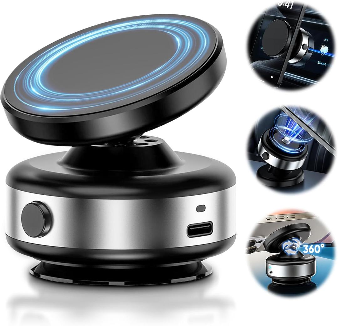 Upgraded Electric Vacuum Suction Cup Phone Mount,360 Adjustable Magnetic Suction Phone Mount,Nixie Phone Holder for Car/Gym/Mirror/Smooth Surface, Compatible with Magsafe iPhone (Silver)