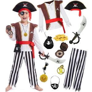 Gorkonpy Pirate Costume Kids Toddler Boys Pirate Costume with Hat and Accessories (8-10 Years)