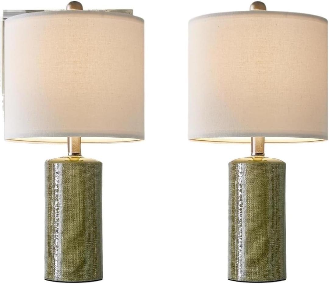 20.25 Inch Modern Ceramic Table Lamp Set of Two with Linen Lampshade for Living Room Bedroom Study Office (Green)