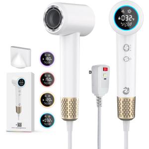 KARFUN Plasma Hair Dryer, 1500W High Speed Blow Dryer with Plasma Tech (Positive+Negative Ionic), LED Display, 5 Temps 2 Speed, Thermo-Control, Fast Drying Plasma Hairdryer for Home or Travel (White)