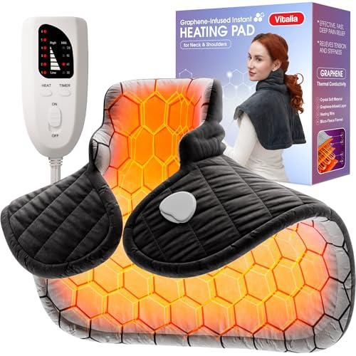 Graphene-Infused Heating Pad for Fast Pain Relief, Weighted Instant Heating Pads for Neck and Shoulders, Heated Wrap w/ 6 Heat Options 4 Auto-Off Timer, Soft Flannel Design, Perfect Gift for Birthday