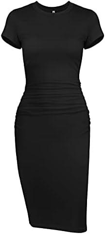 Missufeintl Women's Bodycon Ruched Short Sleeve T Shirt Midi Sundress Fitted Casual Dress, Black, M