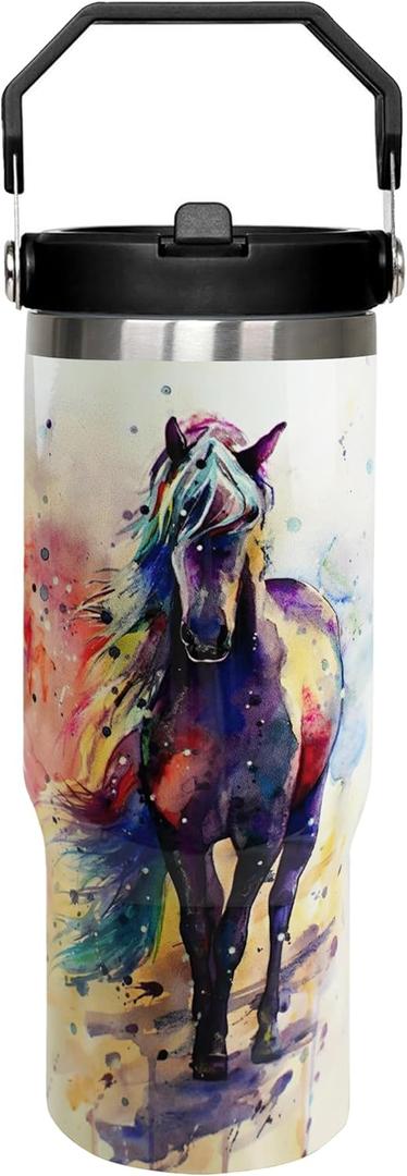 30oz Horse Tumbler With Handle and Straw - Insulated Leak Proof Travel Coffee Mug, Reusable Stainless Steel for Horse Lovers, Gifts for Women, Yellow Black