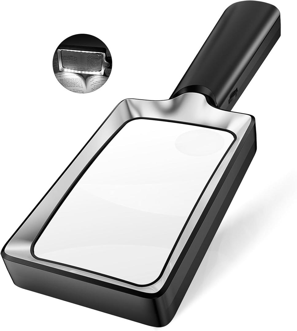 Magnifying Glass with Light, 20 LED Large Handheld Lighted Magnifier Rectangle Illuminated Magnifying Glass for Seniors Reading, Low Vision, Close Work & Inspection (Black)