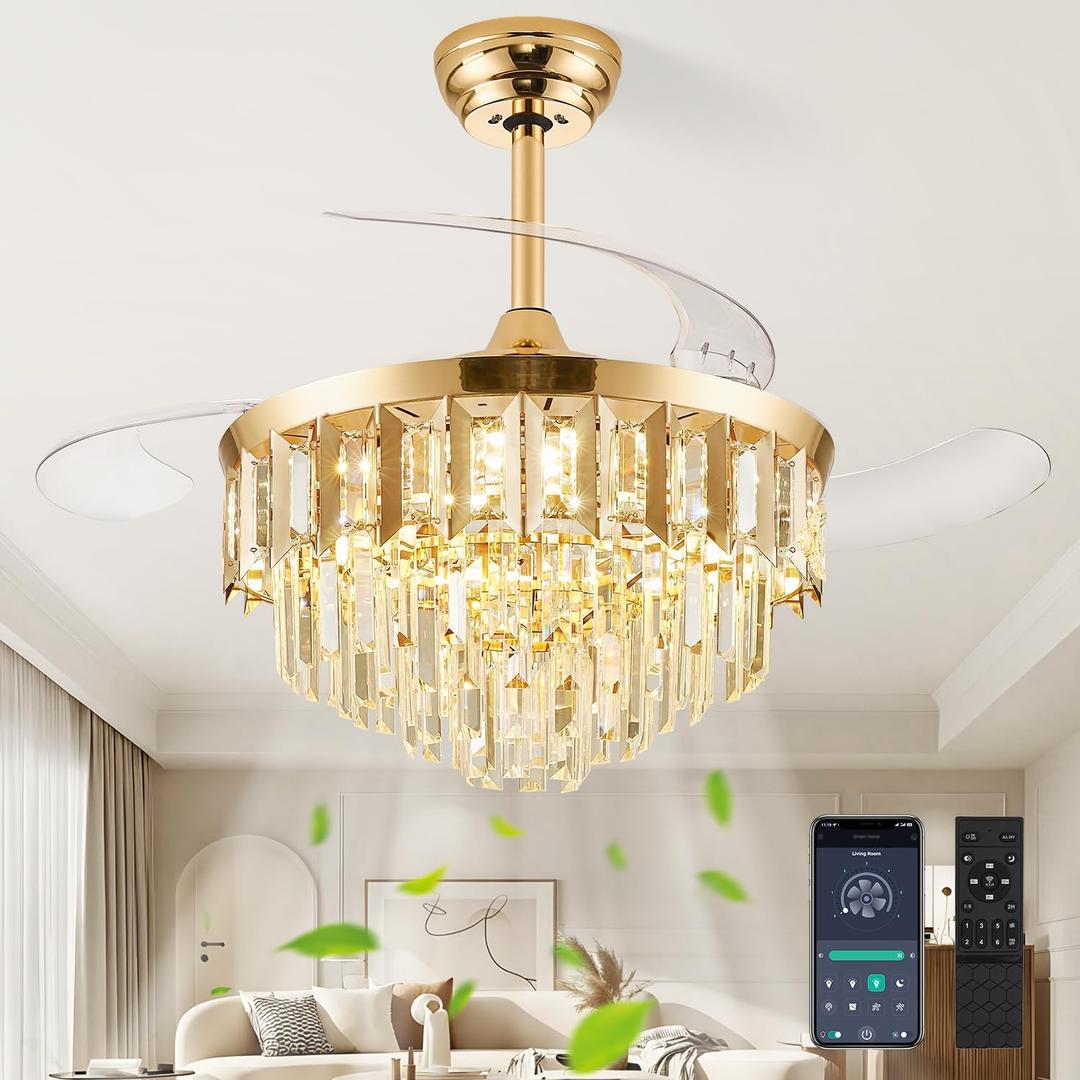 42" Fandelier Ceiling Fan with Light, Crystal Chandelier Fan with Retractable Blades Dimmable Crystal Ceiling Fan Chandelier for Bedroom Living Room Dining Room-Gold