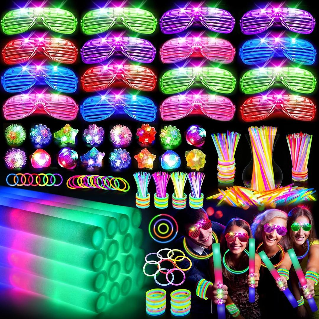 150 PCS Glow in the Dark Party Supplies, 16 Foam Sticks, 16 LED Glasses, 100 Glow Sticks and 18 Finger Lights for Neon Party, Wedding, Birthday, Concert, New Year, Carnivals, Raves