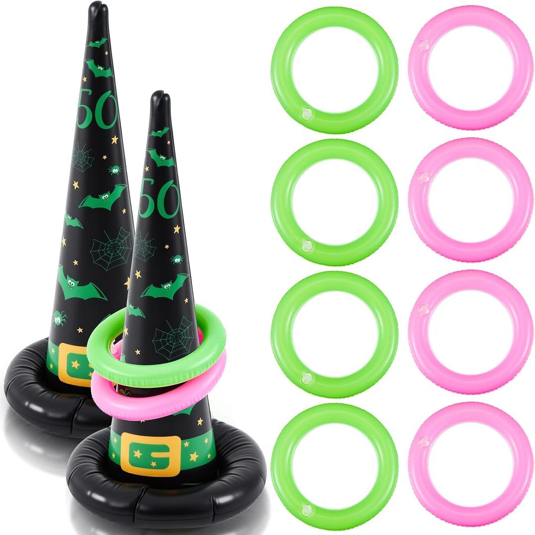 Leitee 10 Pcs Inflatable Witch Hat Ring Toss Game Set Carnival Pink and Green Inflatable Ring Toss for Witch Themed Birthday Party Decoration Indoors Outdoors