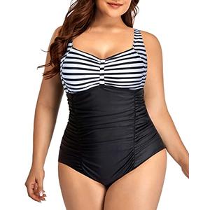 Daci Women Plus Size One Piece Swimsuits - Tummy Control Retro Ruched Bathing Suits Vintage Swimwear Striped and Black Large 12W
