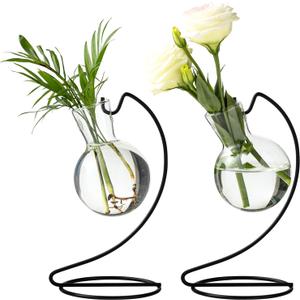 Desktop Glass Plant Propagation Station with Metal Stand,Tabletop Plant Terrarium,Hydroponics Vase for Propagating Hydroponic Office Garden Home Decor, for Weddings, Centerpieces (2)