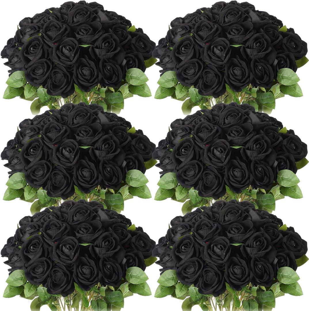 Jexine 50 Pcs Artificial Rose Flower Bulk Realistic Silk Fake Roses with Long Stem Plastic Artificial Flower Bouquet Real Looking for Home Wedding Centerpieces Party Decoration(Black)