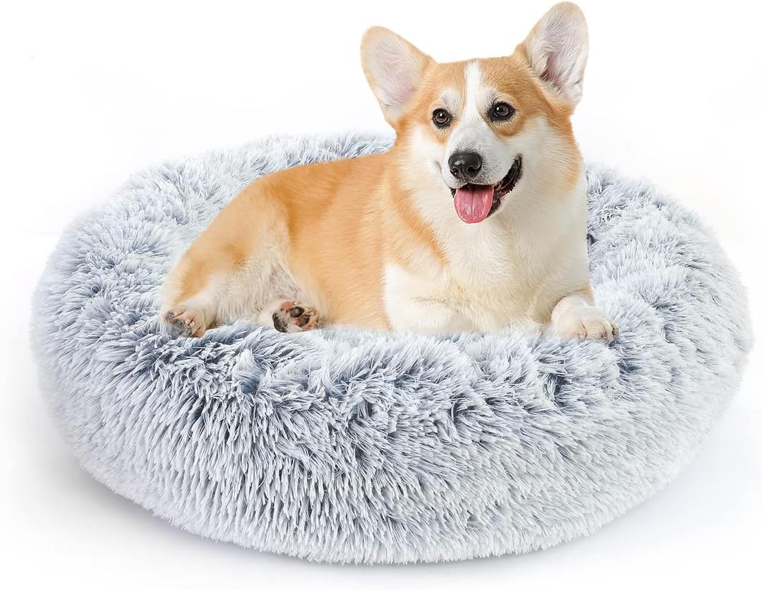 NOYAL Calming Donut Dog Bed for Small to Medium Dogs & Cats - Plush Faux Fur Anti-Anxiety Pet Bed with Machine Washable Cover & Non-Slip Base (Small 19.6'', Gradient Grey)