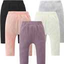 Fullfamous Newborn Infant Baby Girl Pants Clothes Cotton Ribbed 5 Pack Outfits Clothing Leggings, Black/ White/ Grey Marl/ Pink/ Purple for 0-3(3-6 Months)