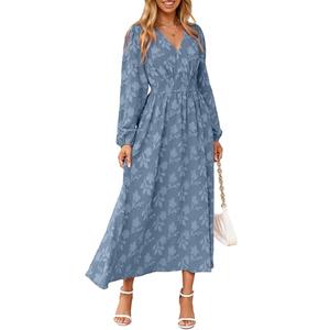 Simplee Womens Boho Floral Long Sleeve Maxi Dress V Neck Empire Waist Fall Wedding Guest Dresses with Pockets Dusty Blue S
