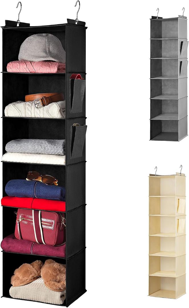 Handy Laundry Hanging Closet Organizer - 6 Shelf Storage for Clothes, Sweaters, Shoes & Accessories - Space-Saving Wardrobe Shelves with Hooks for Dorm, RV & Small Closet Organization (Black)