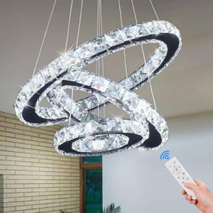Modern LED Chandelier 3 Rings Crystal Chandelier Stainless Steel Adjustable Pendant Light for Living Dining Room Bedroom (Dimmable)