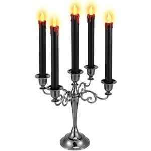 5 Arms Black Metal Candle Holder 5 Pcs Plastic LED Taper Candles Halloween Gothic Candelabra Battery Operated Flickering Candlesticks for Halloween Gothic Rituals Decor