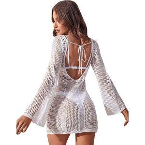 Floerns Women's Crochet Cover Up Long Sleeve Hollow Out Bikini Swimsuit Beach Cover Up Swimwear White, XS