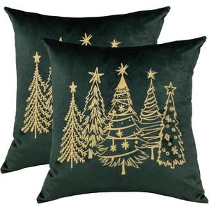 GEEORY Green Velvet Embroidered Christmas Tree Pillow Covers 18x18 Inch Set of 2, Xmas Decorations Farmhouse Winter Holiday Decor Cushion Case for Sofa & Bed GX006-18