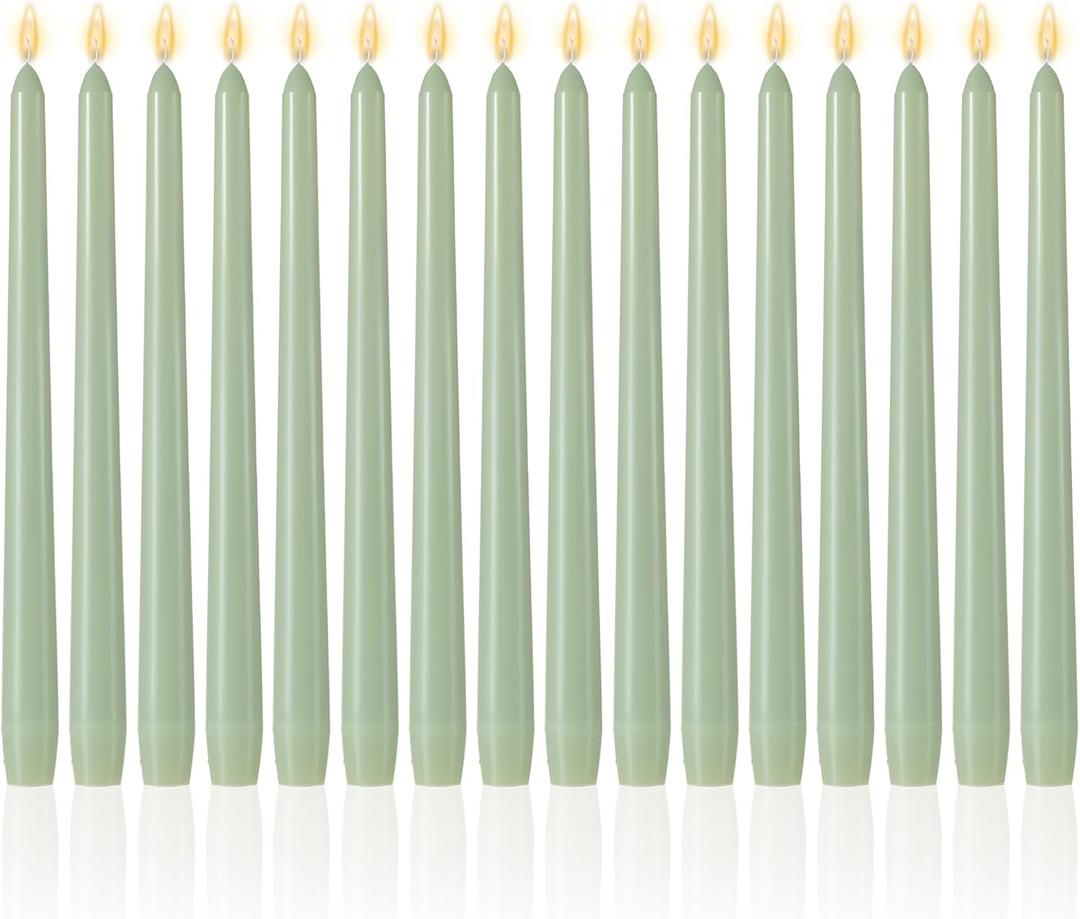 MTLEE 16 Pcs 10 Inch Long Tapered Candle Stick Bulk Smokeless Unscented Burning Candlestick Paraffin Wax with Cotton Wick for Valentine's Day Baby Shower Wedding Holiday Party Church(Pea Green)