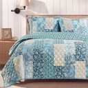 BLOOMHAVEN Quilt Set Queen Size, Patchwork Blue Tile Floral Quilt Sets, Reversible Bedspread Lightweight and Breathable for All Seasons, Soft Quilted Bedspread with 2 Pillow Shams