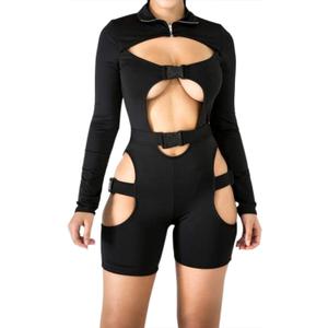 VWIWV Women Long Sleeves Jumpsuit Bodycon Buckle Romper Sexy Hollowing Out Bodysuit Short Jumpsuit Pants (Large, Black)