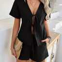 Women's Summer Short Sets Front Tie V Neck Shirt Tops Matching Casual Shorts 2 Piece Outfits Vacation Loungewear (Black, M)