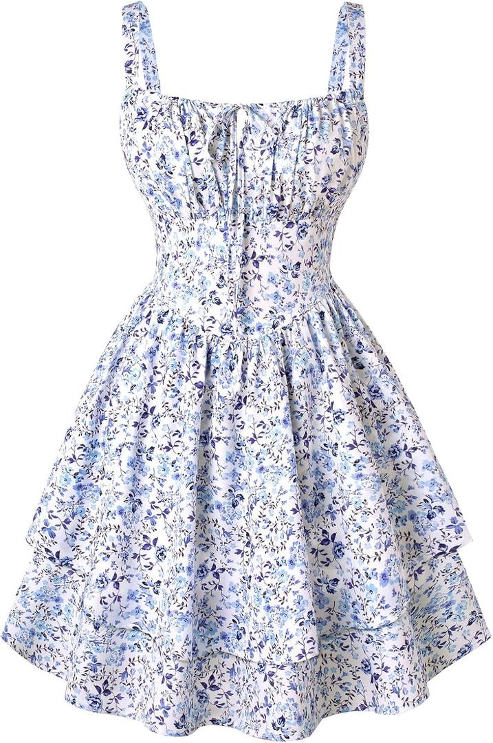 Scarlet Darkness Floral Mini Corset Dress for Women Teen 2026 Summer Spring Flowy A-Line Sundress with Pockets (S)