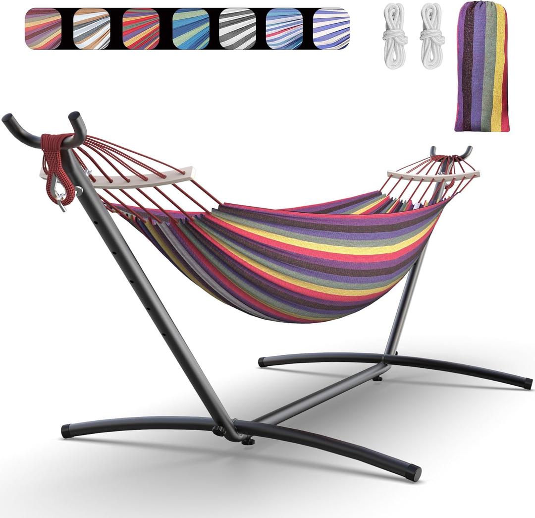 Double Hammock with Heavy-Duty Steel Stand,Portable,Easy Assembly,600lbs Weight Capacity,Perfect for Indoor,Yard,Camping,or Outdoor-Rainbow (Dc-rainbow)