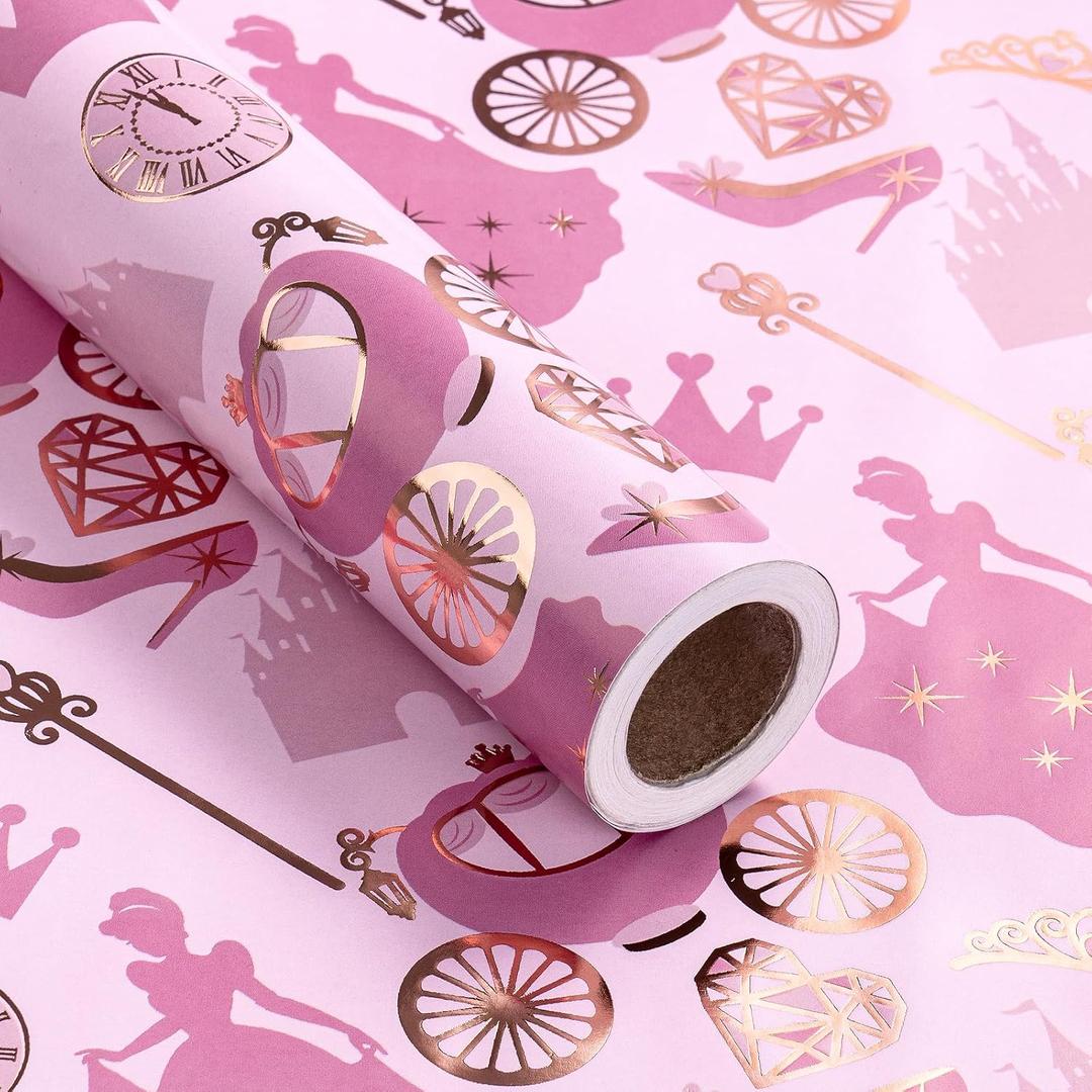 RUSPEPA Princess Wrapping Paper Roll, Mini Roll, Pink Fairy Tale with Carriage, Castle, Crown, Glass Slipper and Magic Wand Design, Gold Foil Gift Wrap for Girls Birthday, Party, 17 Inches x 16.4 Feet