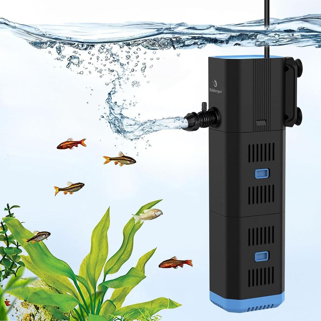 fishkeeper Aquarium Filter,265GPH Fish Tank Filter for Green Water and Algae Clean,16W Multi-Layer Filtration/Oxygenation/Circulation & Physical Sponge Submersible Pump Filter for Saltwater Freshwater
