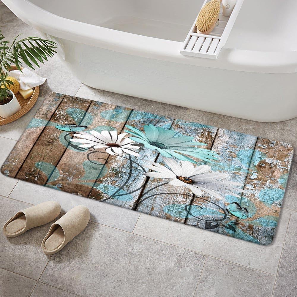 Farmhouse Floral Flower Bath Mat, Teal Daisy Rustic Wooden Plank Country Barn Wood Turquoise Blue Non-Slip Flannel Soft Doormat Floor Entryways Outdoor Indoor Front Door Mat, 16x48