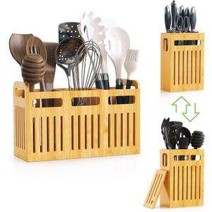 Large Bamboo Utensil Holder Set, Kitchen Utensil Organizer with Removable Divider, 3 Compartments Utensil Caddy for Kitchen Countertop (Bamboo)
