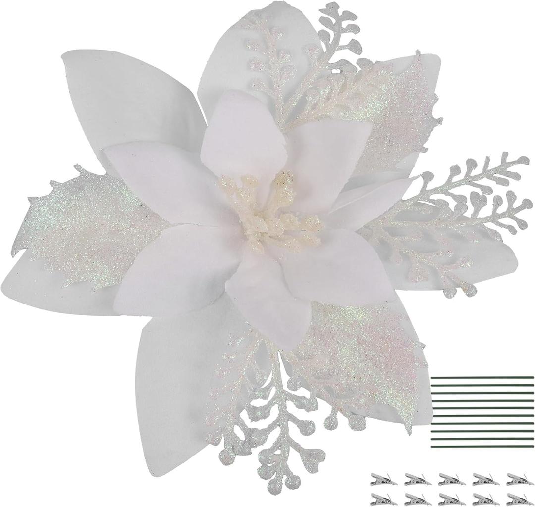 RECUTMS 10 Pcs Christmas Glitter Artificial Poinsettia Flowers 6inch Christmas Tree Decoration Christmas Wreath Holiday Seasonal Decorations (White, 6inch)